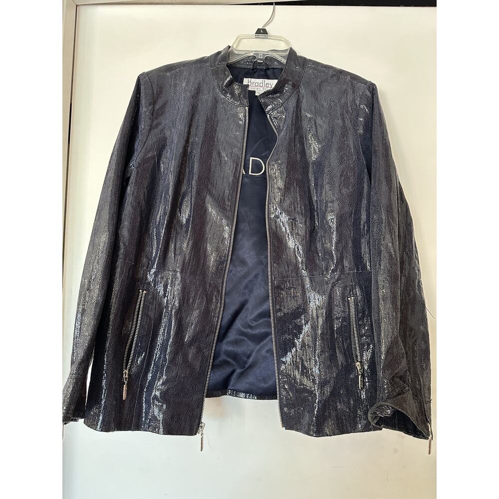 Bradley Bayou Shiny Navy Blue Genuine Leather Lace Up Back Jacket Wm Size Large